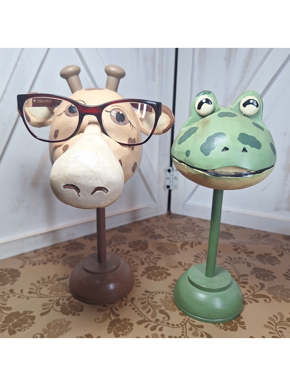 Frog/Giraffe Wooden Eye Glass Holding Caddy Stand Hand Painted Kitschy 10" & 11"